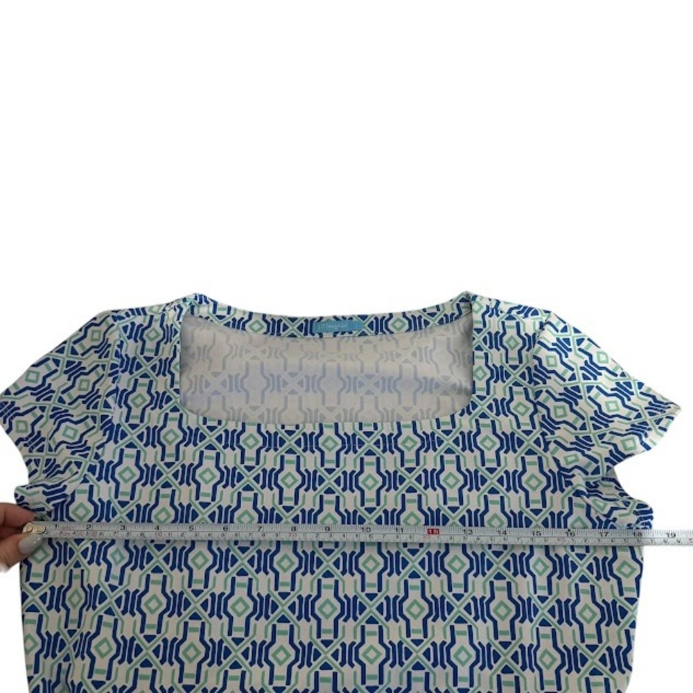 J.McLaughlin Blue Green Geometric Short Cap Sleeve Fit Flare Mini Dress Womens L - Picture 3 of 4